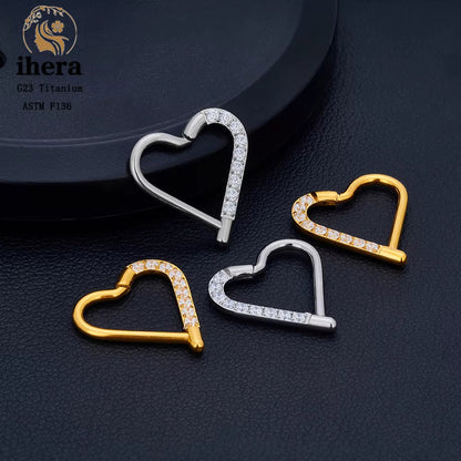 G23 Titanium Heart Earring Hoop 16G CZ Hinged Segment